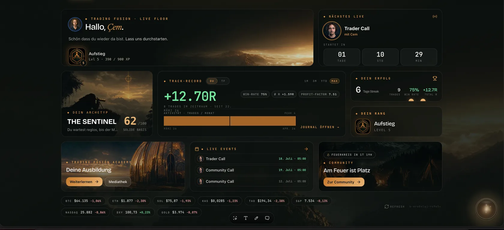 Trading Fusion App — Dashboard mit Rang-Aufstieg, Archetyp, Track-Record, Feuerkreis-Countdown, Live-Events und Community