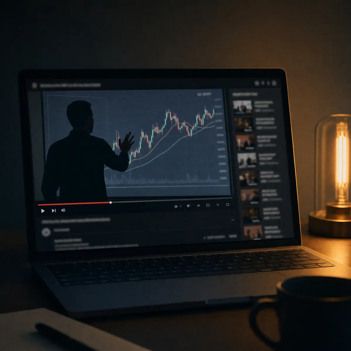 Laptop mit generischem Trading-Video-Player im dunklen Raum